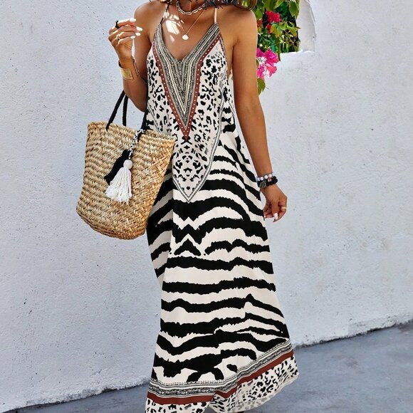 White Boho Womens Animal Print Backless Halter Neck Dress - Picture 1 of 5